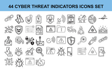 Collection of 44 Cyber Threat Indicators Icon Set in Vector Style Illustrating Network Security Information Protection System Hacking and Malware Danger Prevention Solution