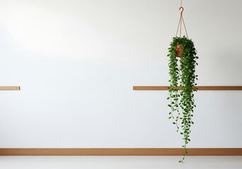 A lush green hanging plant with trailing vines cascades down against a clean white wall creating a serene and minimalist indoor botanical display