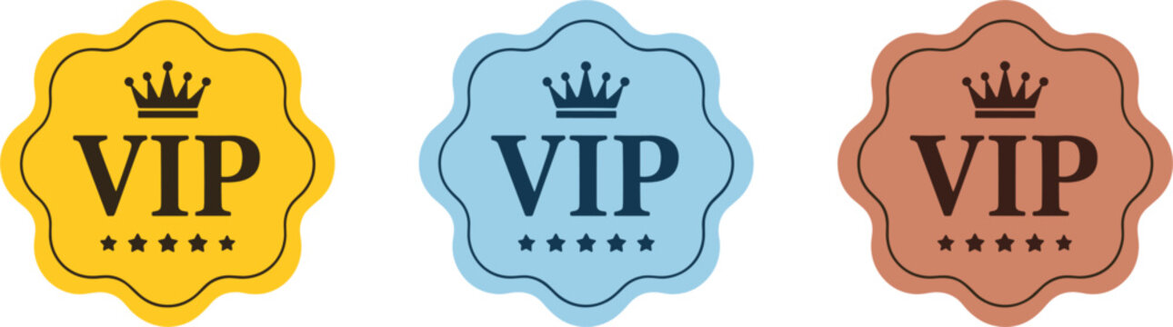 Three VIP Badges With Crowns And Stars In Different Colors labels emblems