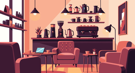 Cozy coffee shop interior with comfortable seating, coffee machines, and artwork.