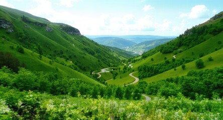 Lush Green Mountain Valley with Winding Road.