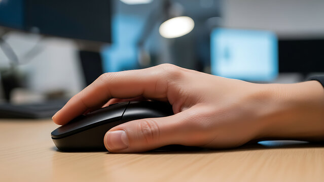 A close up of a hand using a black computer mouse on a desk in an office environment scene