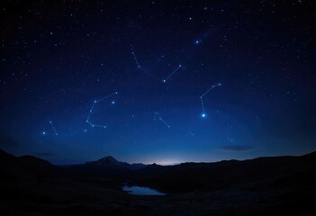 Night Sky Constellations Over Mountain Landscape.