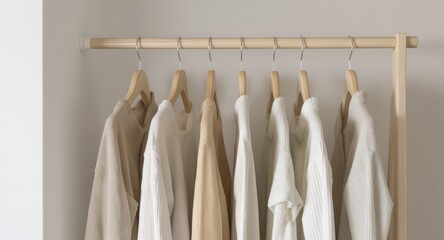 Neutral Clothing Organized on Closet Rod.