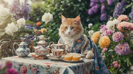 A cat is sitting at a table set for tea in a blooming garden