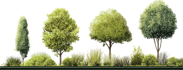 Four diverse green trees and various shrubs in a row against a white background bush foliage 1 © appl