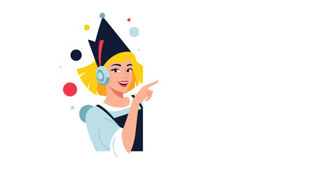 Young woman wearing headphones and a festive hat points to the right with a smile.
