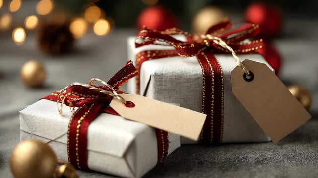 Elegant Christmas Gifts Wrapped in Silver Paper with Red Ribbon and Blank Tags, Festive Holiday Season Still Life Composition