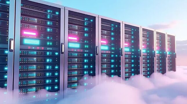 Rows of futuristic server racks with glowing blue and pink lights emerge from ethereal clouds, symbolizing advanced cloud computing and vast digital infrastructure.