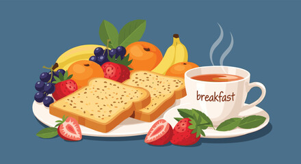 A delightful and balanced breakfast setup with a variety of fresh fruits, golden toast slices, and a steaming hot cup of tea or coffee.