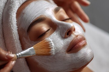 Relaxing Facial Treatment with Cream Mask on Young Woman's Face