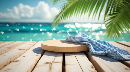 Obraz premium Tropical Wooden Tabletop with Serving Board, Gingham Cloth, and Ocean View Background