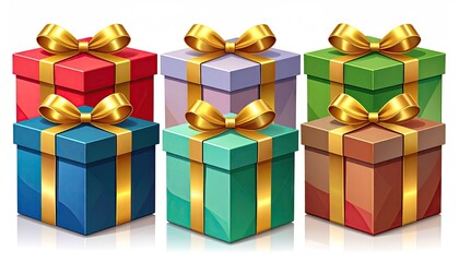 Assortment of colorful gift boxes with golden ribbons and bows for celebrations.