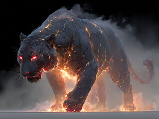 a fierce, glowing tiger with fiery red eyes and bright red and gold sparks emanating from its body, creating a dramatic and intense visual effect. The tiger appears to be in a dynamic