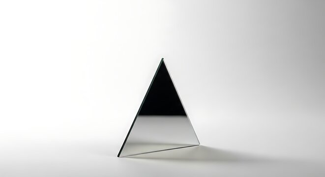 A sleek, reflective triangular prism stands upright on a pristine white background, casting a subtle shadow.