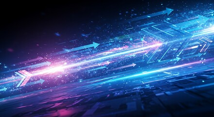 Neon arrows and lights flow across a futuristic digital platform. Technology concept
