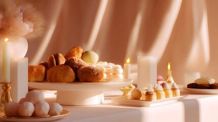 Delicate Feast: An exquisite selection of pastries and treats arranged elegantly, bathed in soft candlelight, on a festive table. Evoking a sense of indulgence and celebration.