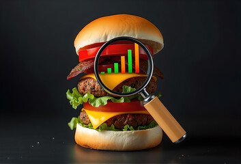 Deep Dive Food Market Analysis, Magnifying Glass Revealing Bar Chart on a Double Cheeseburger, Concept of Hidden Data and Industry Research on Dark Background