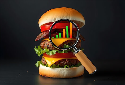 Deep Dive Food Market Analysis, Magnifying Glass Revealing Bar Chart on a Double Cheeseburger, Concept of Hidden Data and Industry Research on Dark Background