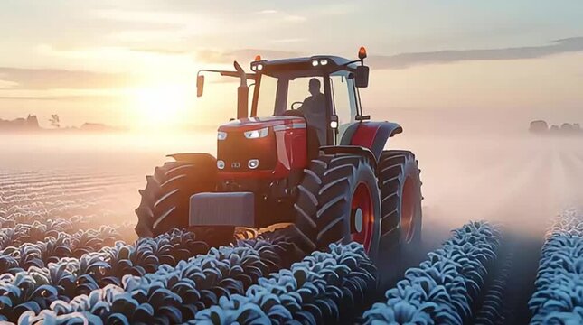 A modern red tractor cultivates rows of frosty crops in a misty agricultural field as the golden sun rises, symbolizing hard work and technological progress in farming.