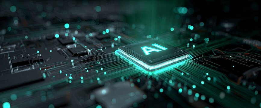 AI Technology Concept with Circuit Board and Neon Glow Visuals