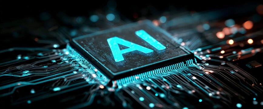 Close-Up View of AI Microchip on Circuit Board with Blue Glow