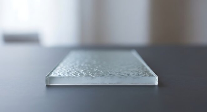Close-up side view of a textured rectangular glass sheet on a dark surface with a blurred background.