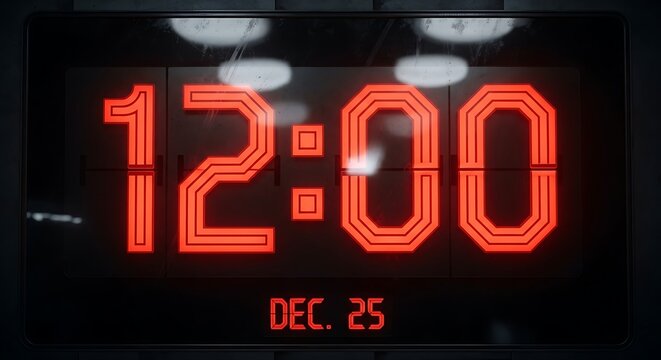 Digital clock showing twelve o clock on christmas day with red led display