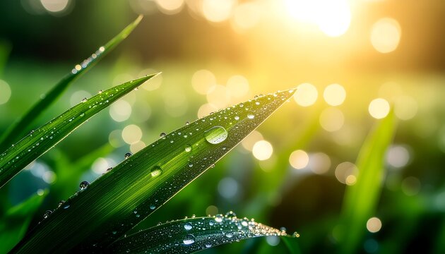 Fresh morning dew on green grass blades glittering in sunlight creating serene nature scene with bokeh background for peaceful outdoor concept - Powered by Adobe