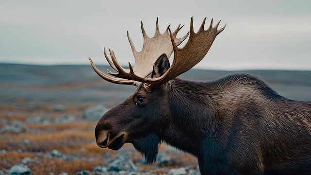 Majestic Moose Portrait: Close-up of a Bull Moose with Large Antlers in a Natural Tundra Environment