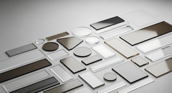 A collection of various glass substrates and optical components arranged on a clean, neutral surface.