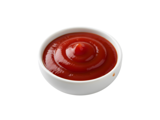Ketchup sitting in a bowl, isolated against a white background. A serving of red tomato sauce. Includes a clipping path.

