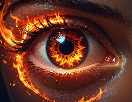 An intensely close-up of a human eye engulfed in flames. The iris has a fiery, sun-like pattern