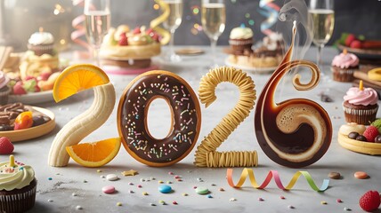 Happy new year 2026 made of pastry food and sweet snacks composition
