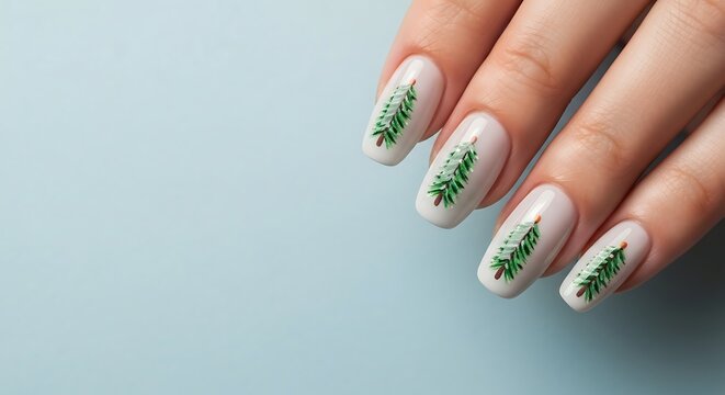 A woman's hand with a festive winter manicure featuring green Christmas tree nail art on a blue background.