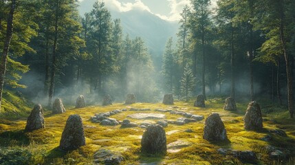 Fototapeta premium Ancient Megalithic Circle in Lush Forest Surrounded by Mist