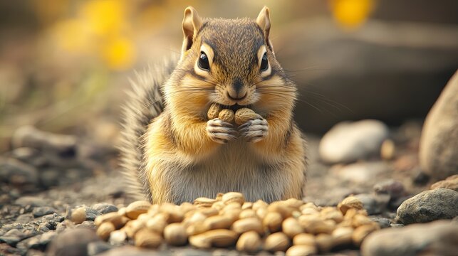 Adorable chipmunk with cheeks full of nuts and seeds in natural forest setting