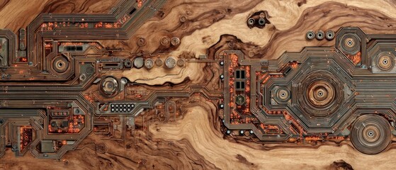 Abstract circuit board design with wood texture background digital art