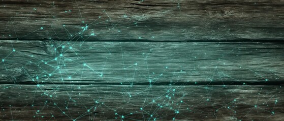 Abstract network of lines and dots on a textured wooden background