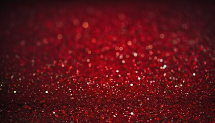 Close up of sparkling red glitter particles with soft bokeh lights for festive backgrounds.