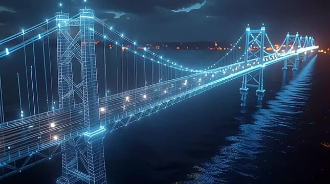 A stunning futuristic digital wireframe bridge glows with electric blue light over dark waters at night, symbolizing connection, technology, and innovation.