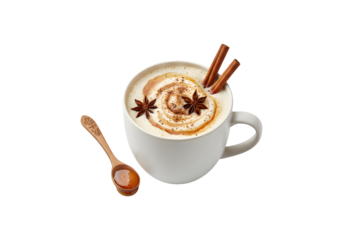 Warm milk and honey winter beverage featuring anise and cinnamon, set against a white background