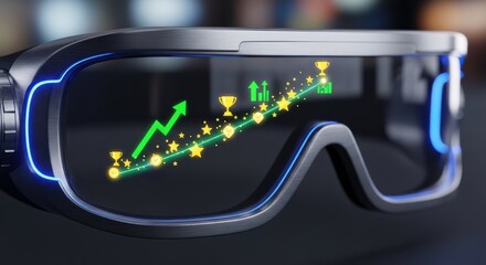 personal vision road concept. Augmented reality glasses with financial growth graphics displayed.