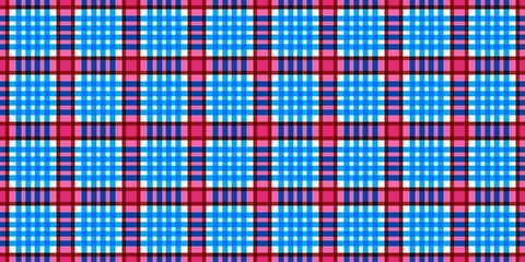 blue plaid fabric texture. A vibrant geometric plaid pattern featuring blue, red, and black intersecting lines, creating a bold and modern repeating design ideal for backgrounds or textiles.