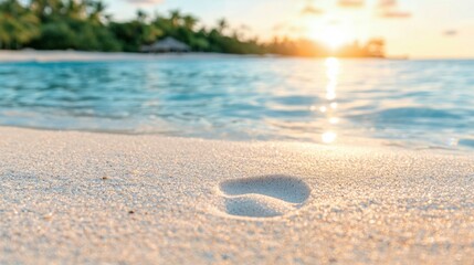 A serene beach scene at sunset, featuring a calm ocean, sandy beach, and a distant island with palm trees.