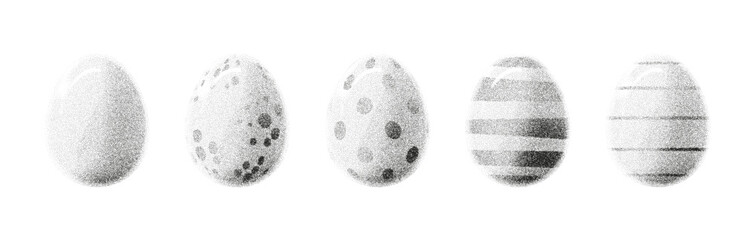 Set of Retro Grainy Eggs. Vector Easter eggs  with gritty texture for holiday banner, poster, cover design. Decorative elements with stipple effect. Eggs with rough noisy sand dotted texture.