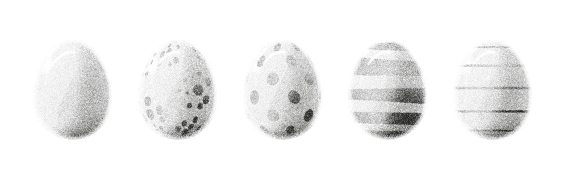 Set of Retro Grainy Eggs. Vector Easter eggs  with gritty texture for holiday banner, poster, cover design. Decorative elements with stipple effect. Eggs with rough noisy sand dotted texture.
