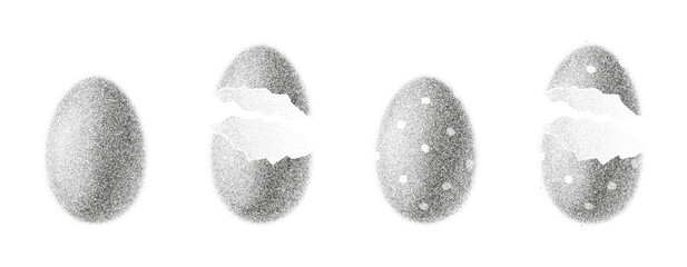 Eggs with black dotwork grain texture. Vector eggs with abstract stipple sand effect. Easter eggs with patter and gradient from dots isolated on white background.
