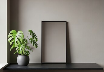 Minimalist interior scene featuring a vibrant green monstera plant in a gray pot next to a tall empty rectangular frame against a neutral taupe wall
