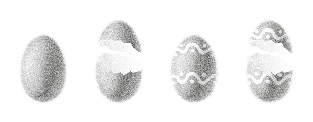 Decorative eggs with abstract stipple sand effect. Set vector of Eggs with black dotwork grain texture. Easter eggs with gradient from dots isolated on white background.